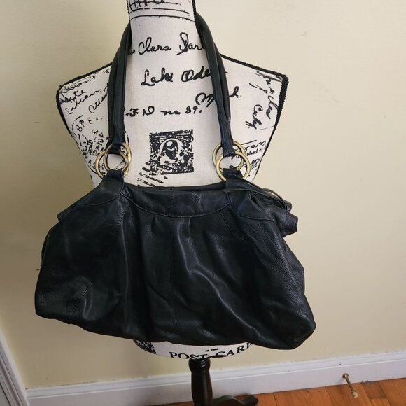 Large Black Pebbled Leather Ruffled Shoulder Bag - Picture 3 of 7